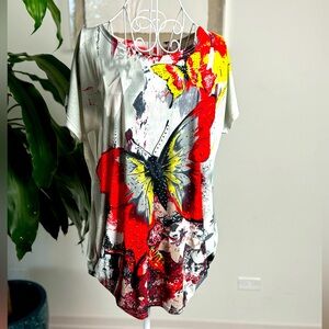 Woman Colorful Butterflies Blouse M/L with Rhinestones